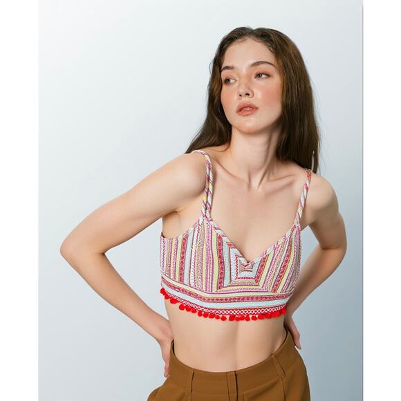 Boho Festival Red Crop Top Halter Adjustable Straps Pom Pom Fringe Zips Large - Picture 8 of 8